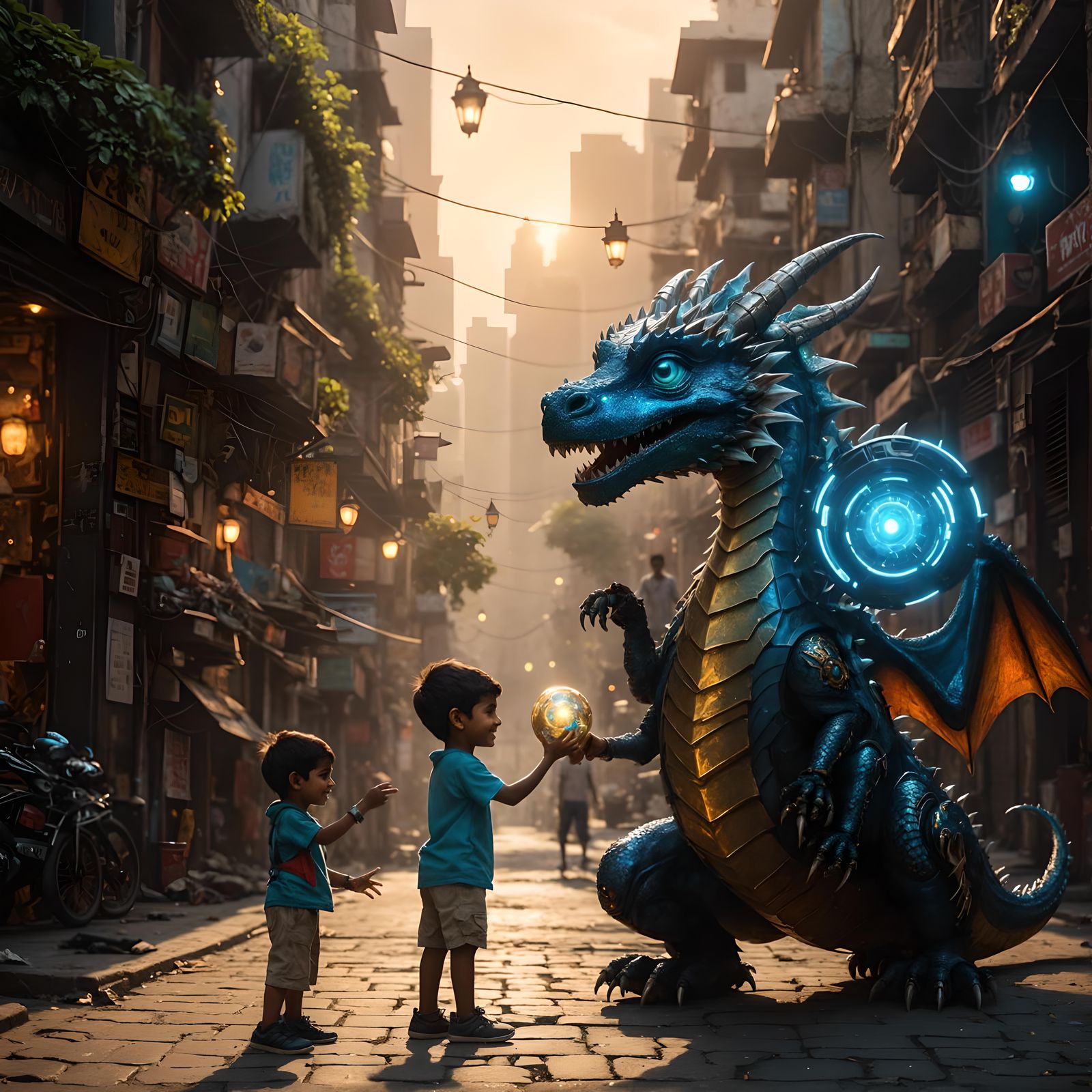 Happy Boy Plays with Cyborg Dragon Pet