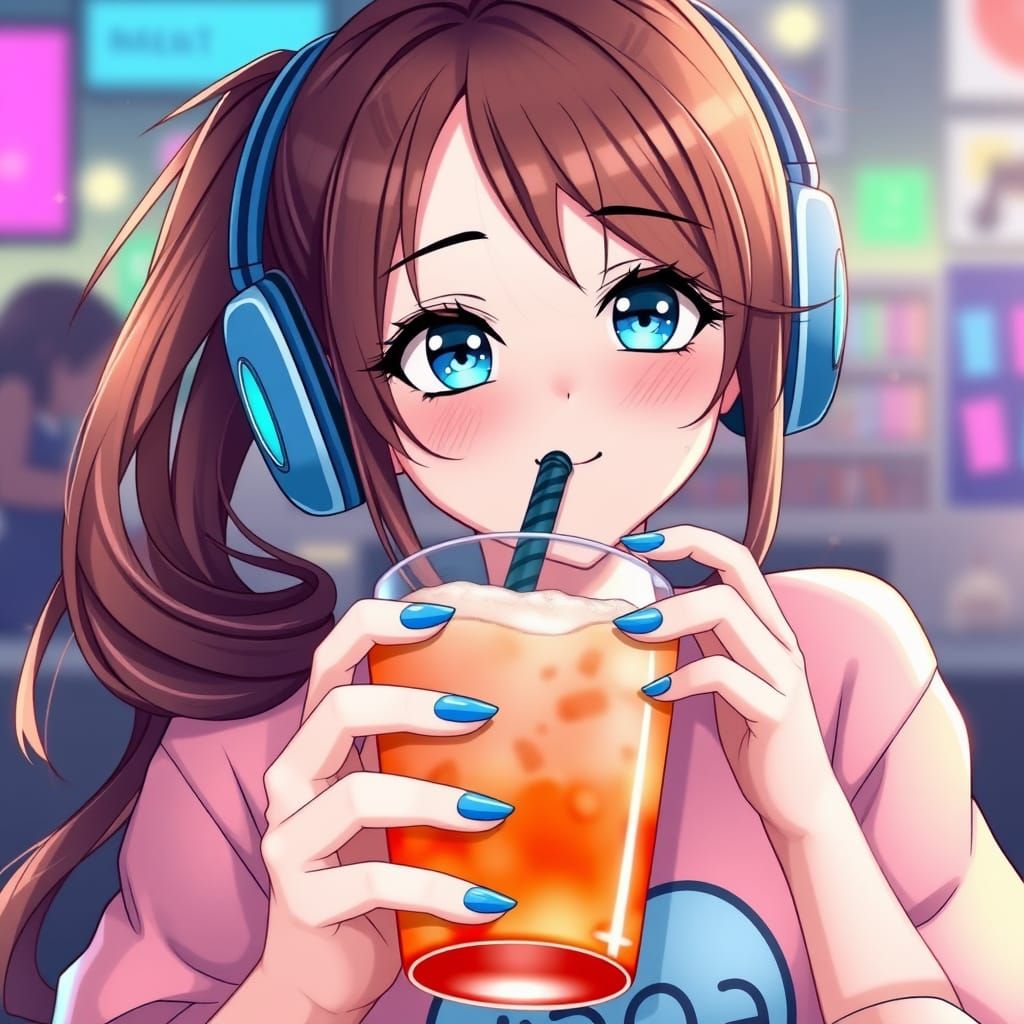 Anime Gamer Girl with Brown Hair and Blue Eyes