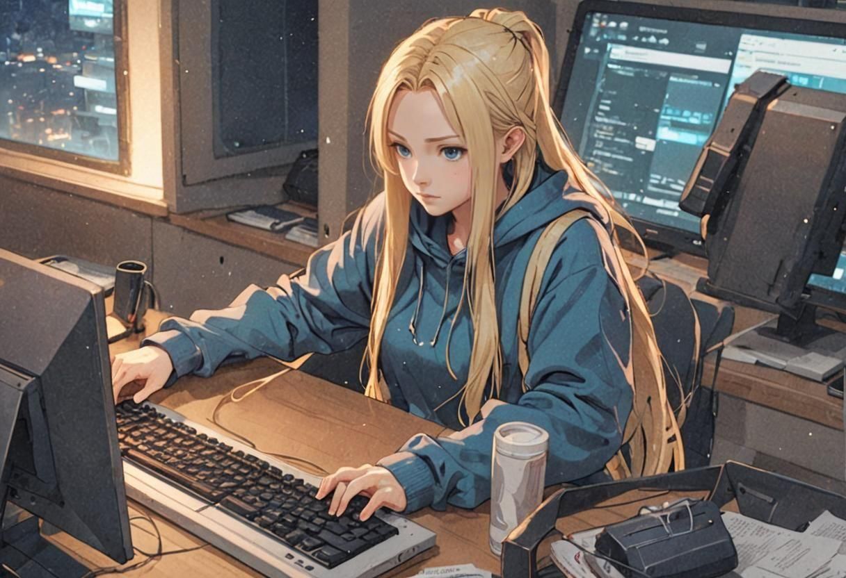 Anime Girl Working on Computer in Cel-Shaded Style