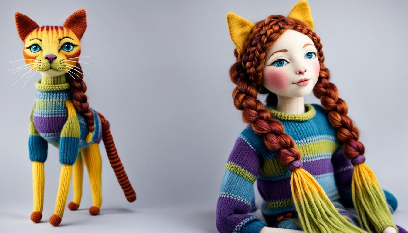 Intricate Woolen Puppet with Cat in Vibrant Colors