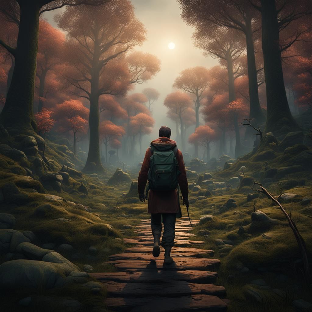 Villager Walks in Dark Fantasy Forest: Matte Painting