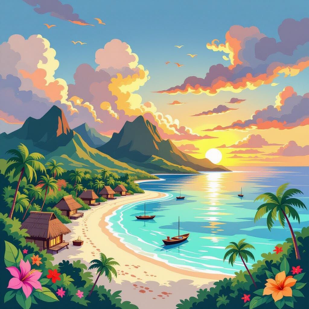 Motunui Island Sunset in Origami Papercraft Style