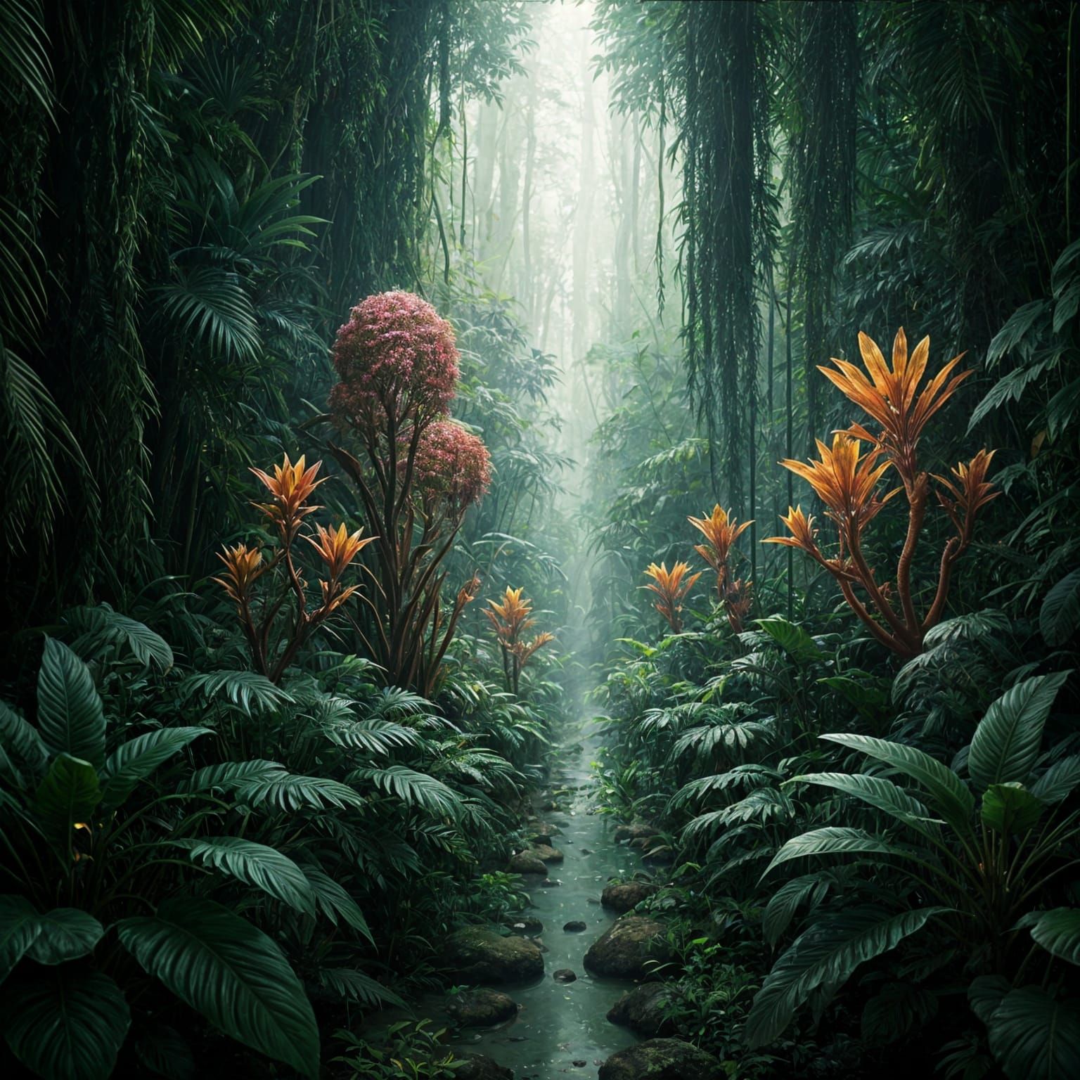 Ethereal Rainforest Fantasy in Vibrant Complementary Colors