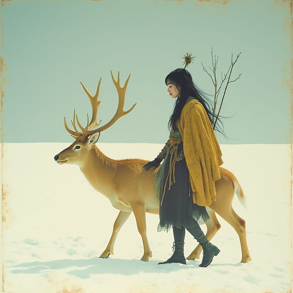 Inuit Woman Stalking Golden Deer in Watercolor Style