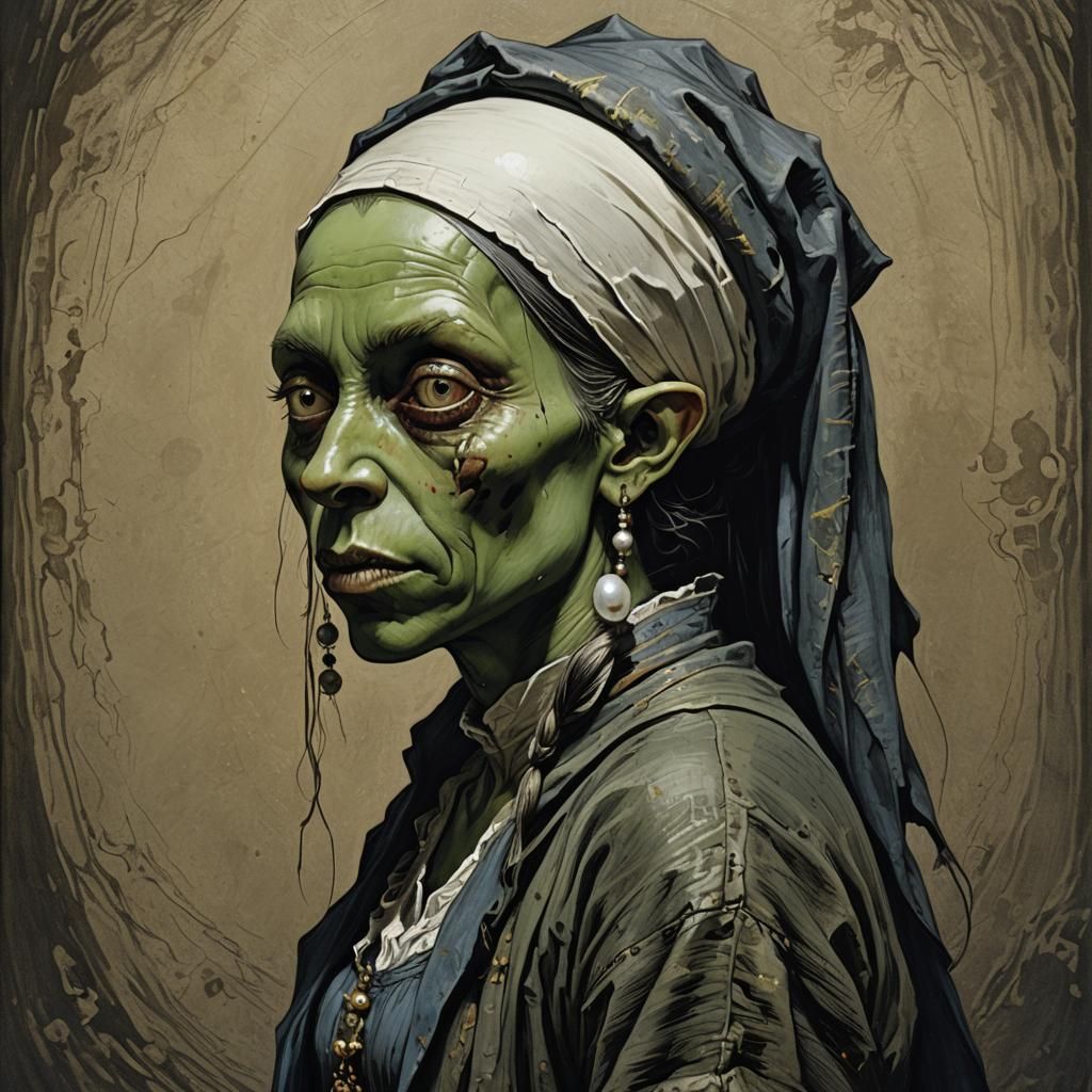 Grotesque Goblin Girl Portrait in Engraving Style