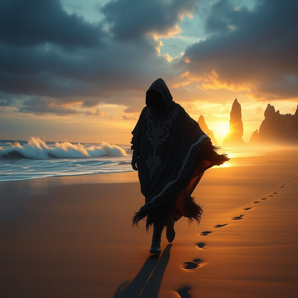 Enigmatic Figure Walking on Windswept Beach