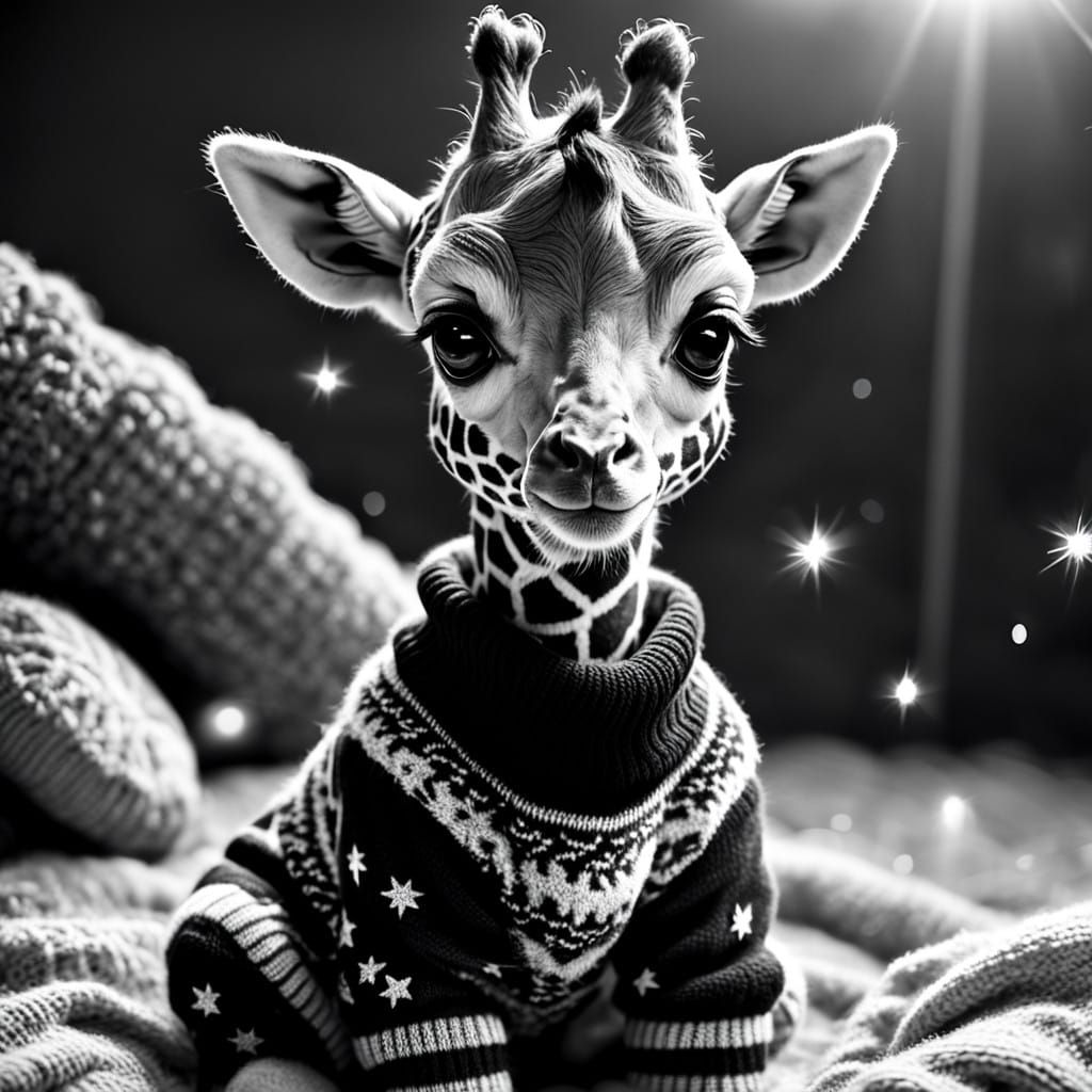 Cute Baby Giraffe in Jumper, Black and White