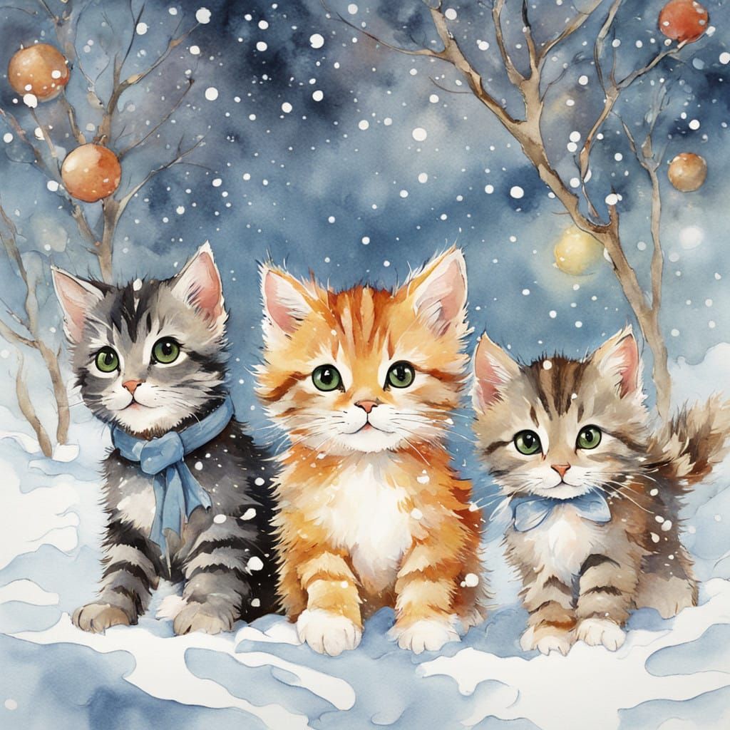 Whimsical Kittens in Winter Wonderland Watercolour Art