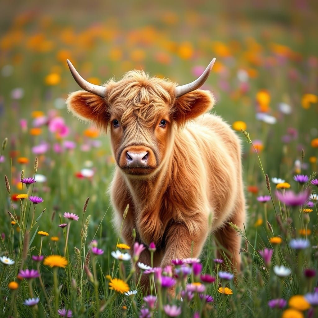 Fluffy Baby Highland Cow in Wildflower Field