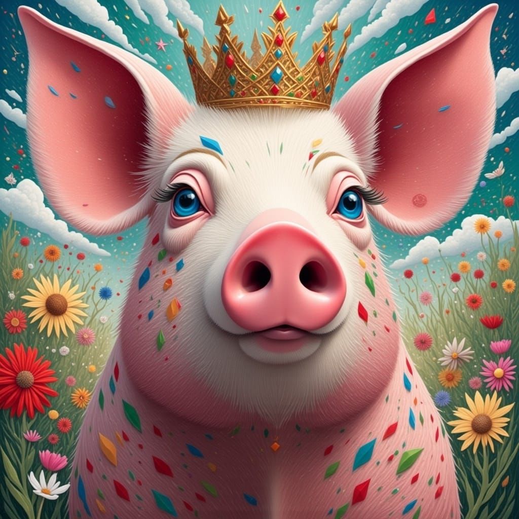 Whimsical Pink Peppermint Pig in a Crown Painted in Pointill...