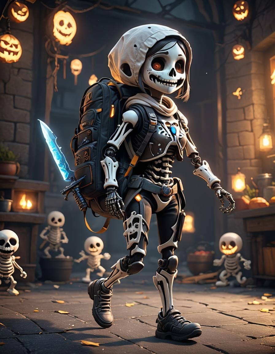Smiling Skeleton Girl Fighting Ghosts in Video Game
