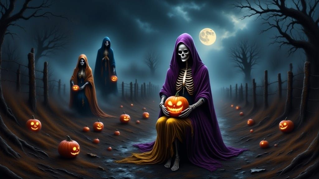 Skeletons Wander Mystical Field with Jack O'Lanterns