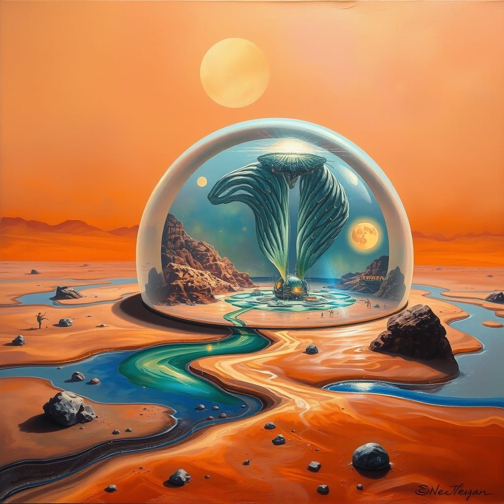 Vibrant Martian Oasis Under Surrealist Dome