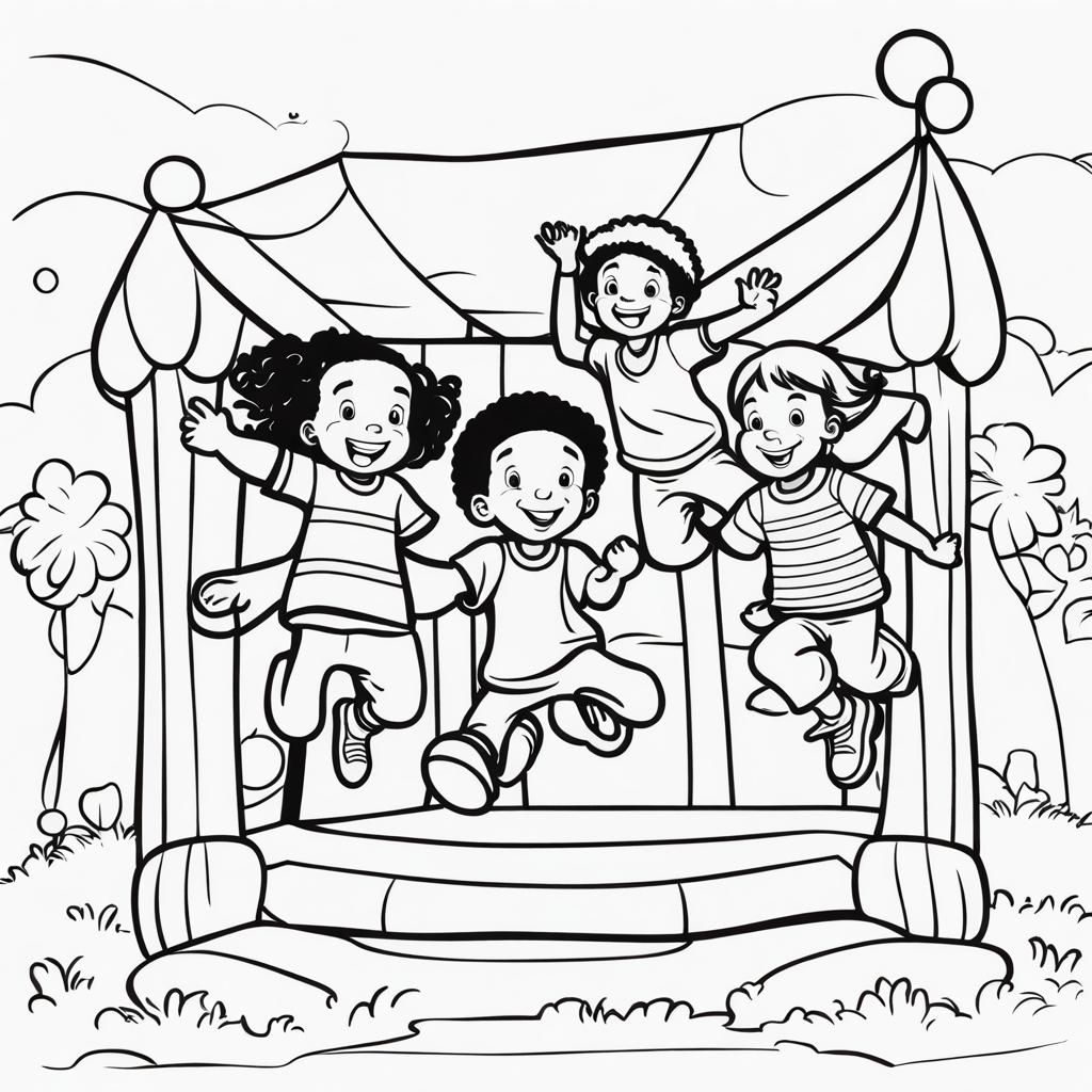 Children Jumping in Bouncy House Coloring Book Style