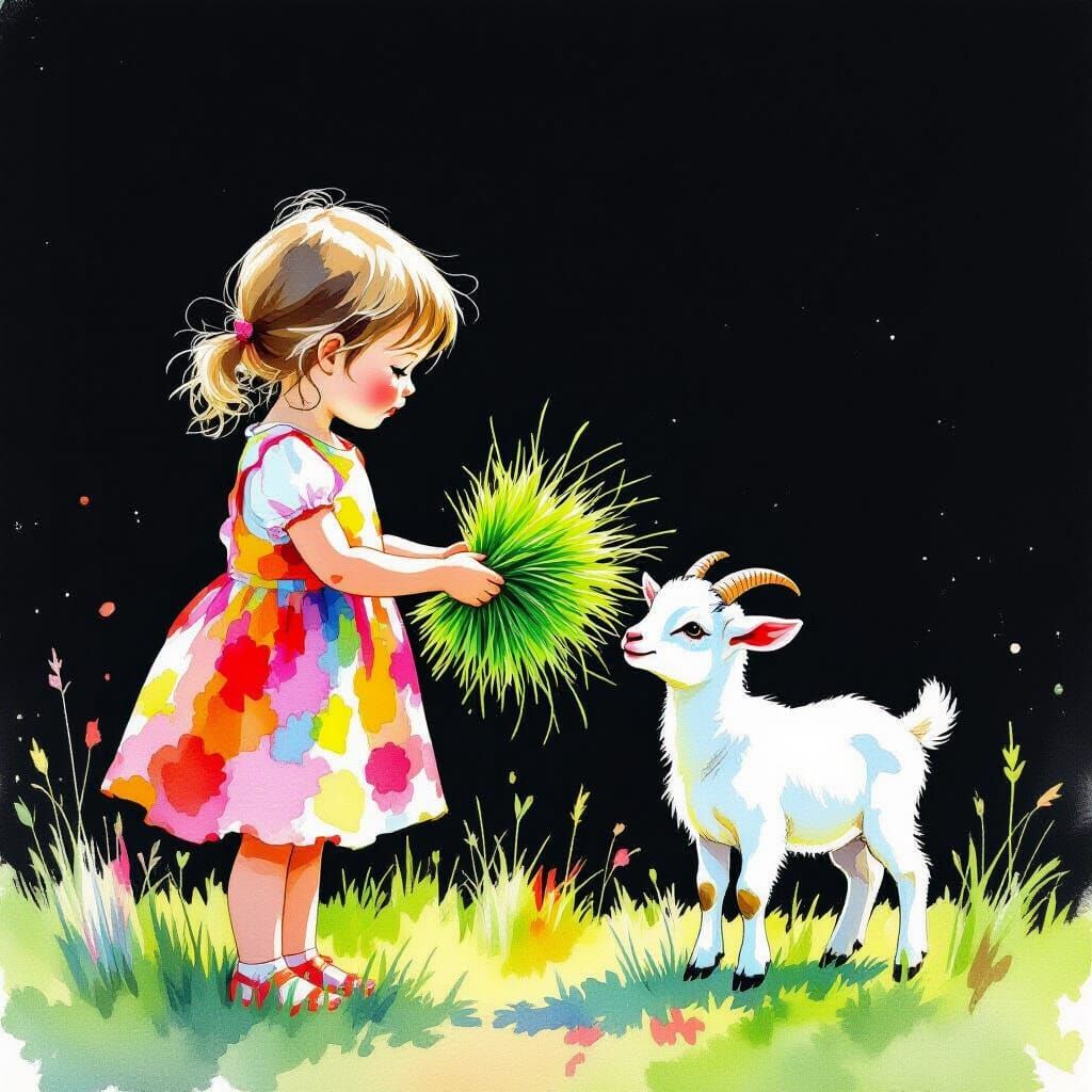 Girl Feeds Goat Vibrant Watercolor Art