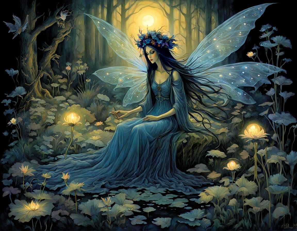 Fairy Witch in Bioluminescent Garden, Expressionist Art