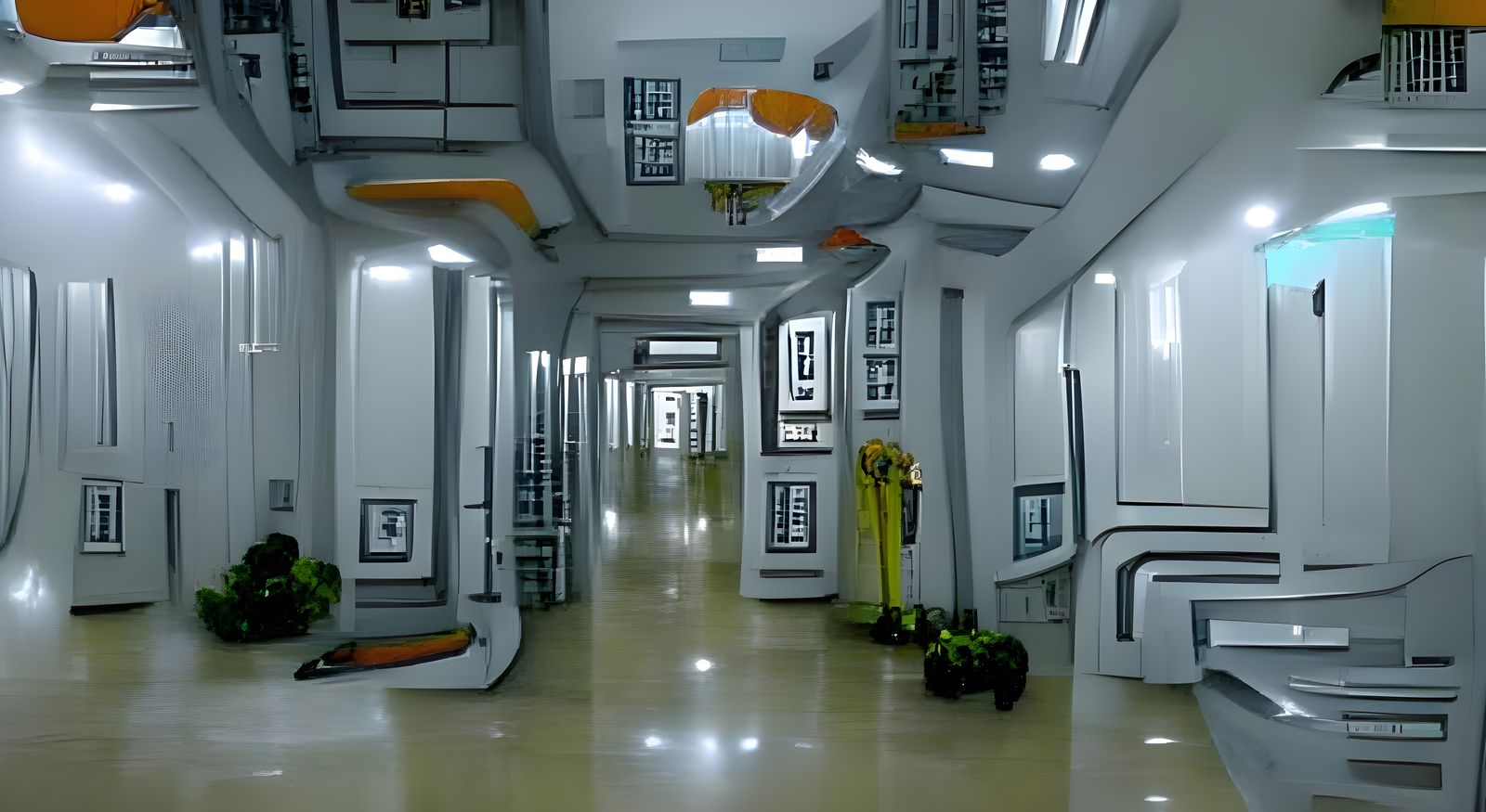 Sci-Fi Office Factory Hallway with Robots
