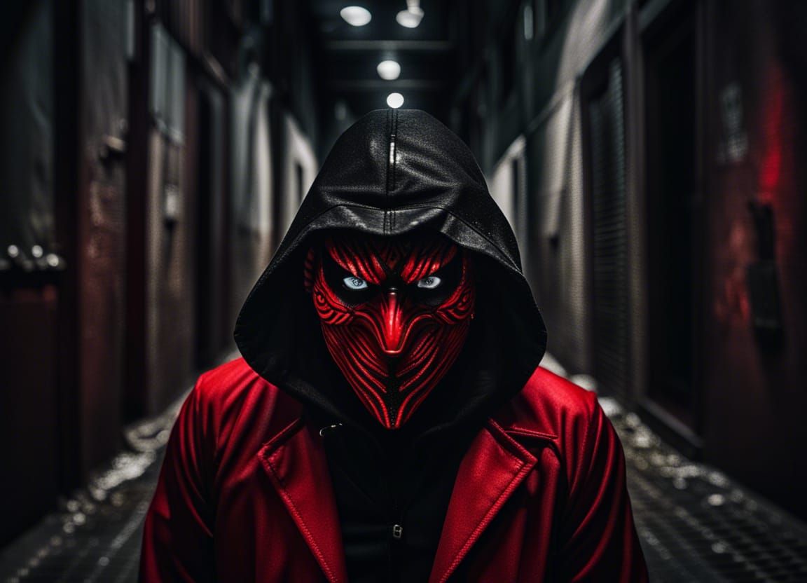 Masked Figure in Dark Alleyway: Hyperrealistic Image