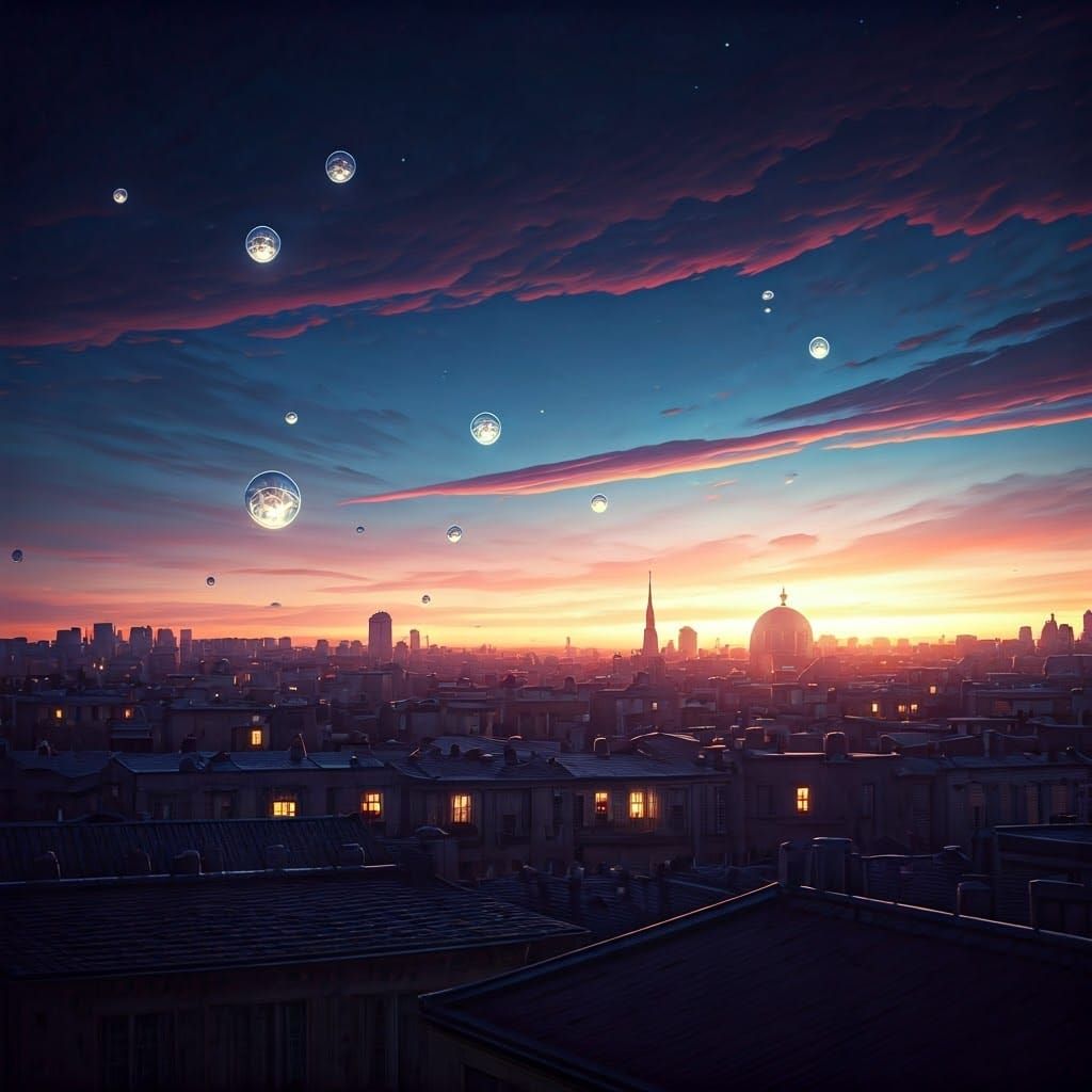 Dreamlike Cityscape with Glowing Orbs in Matte Painting Styl...