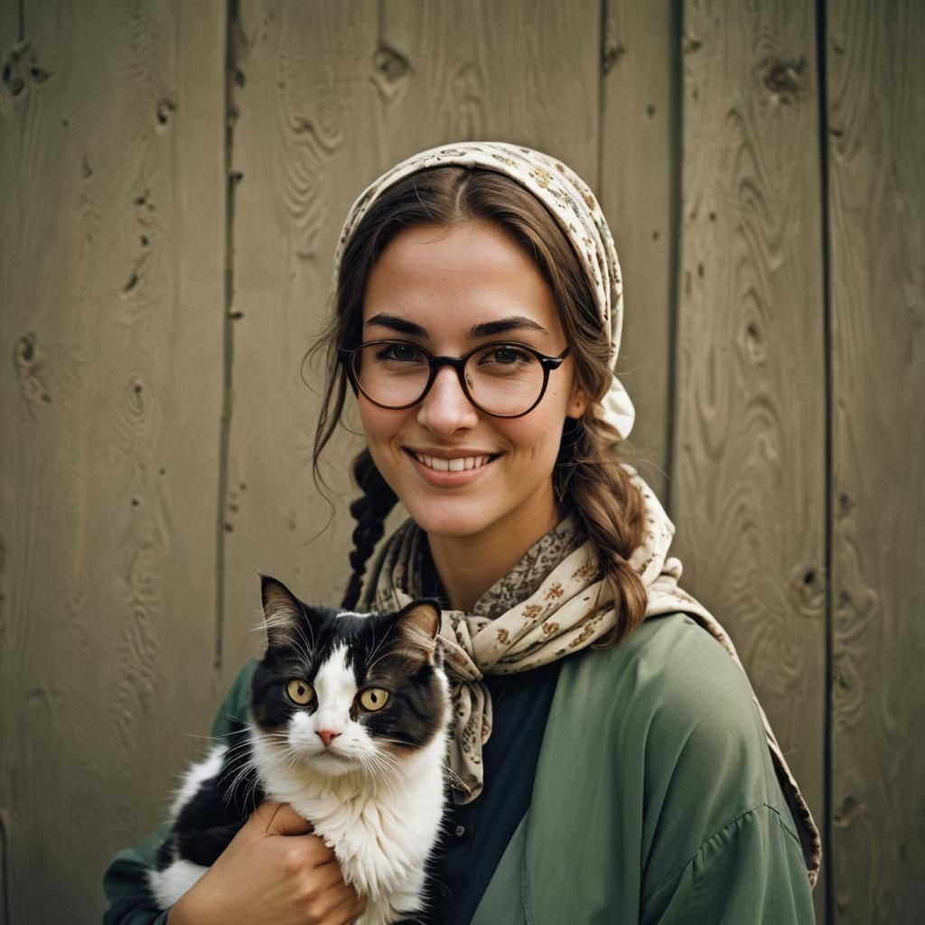 Young Woman with Cat, Cinematic Film Still