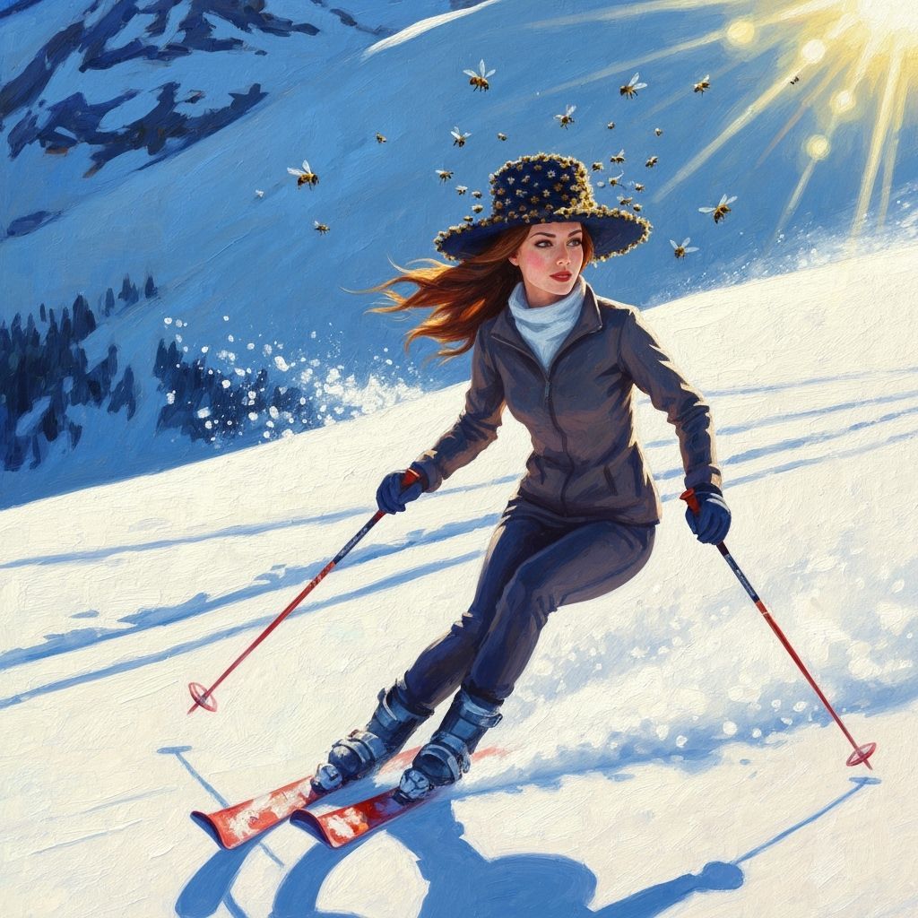 Woman on Skis with Bee Hat in Impressionist Style