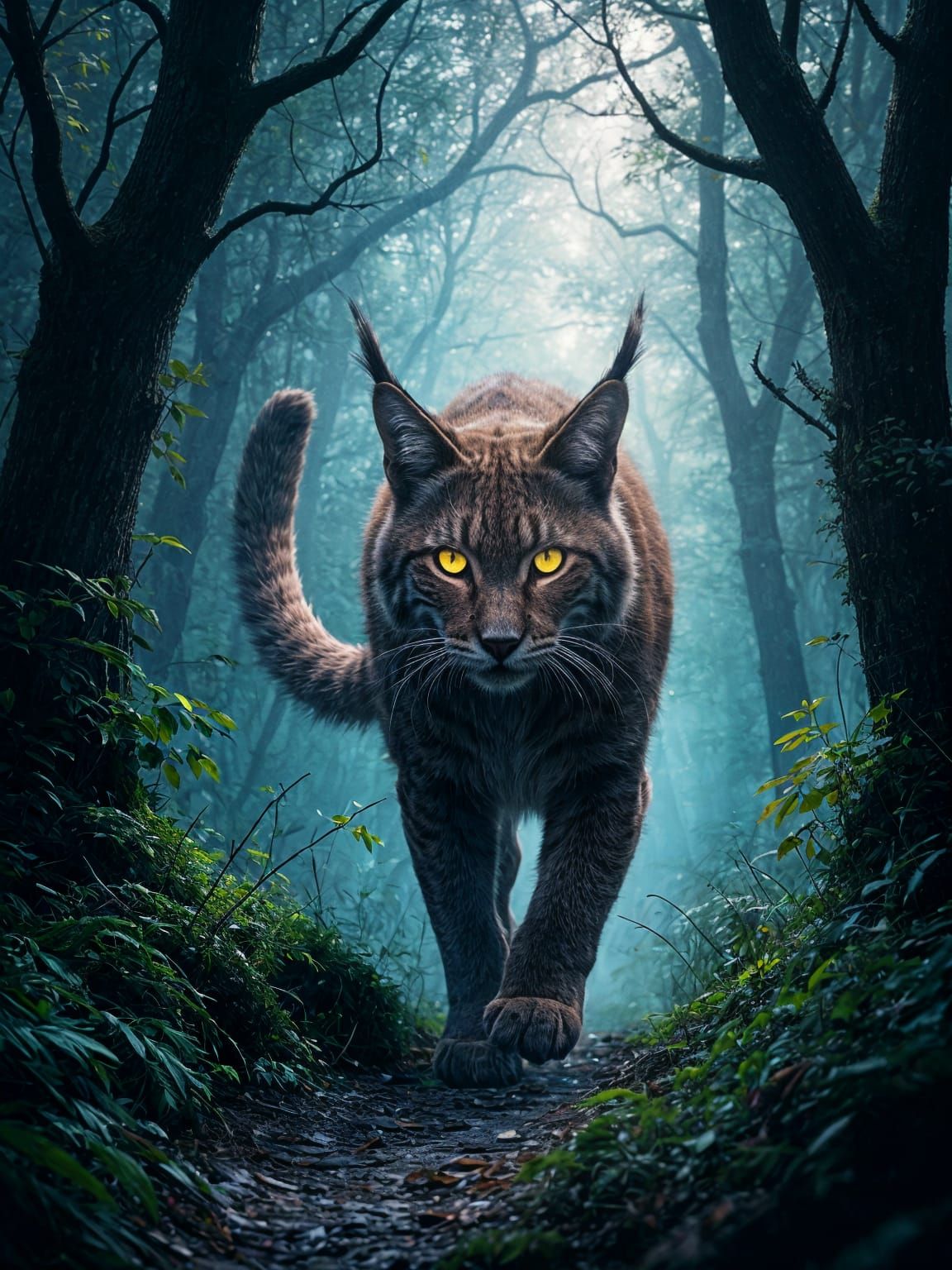Lynx in Forest at Night: Nature Documentary Style