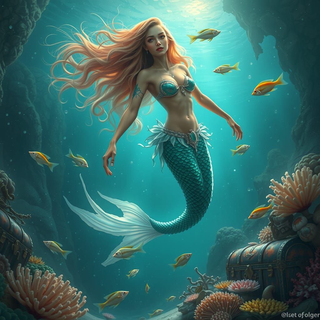 Mermaid Dives Through Tropical Waters with Treasure Chests a...
