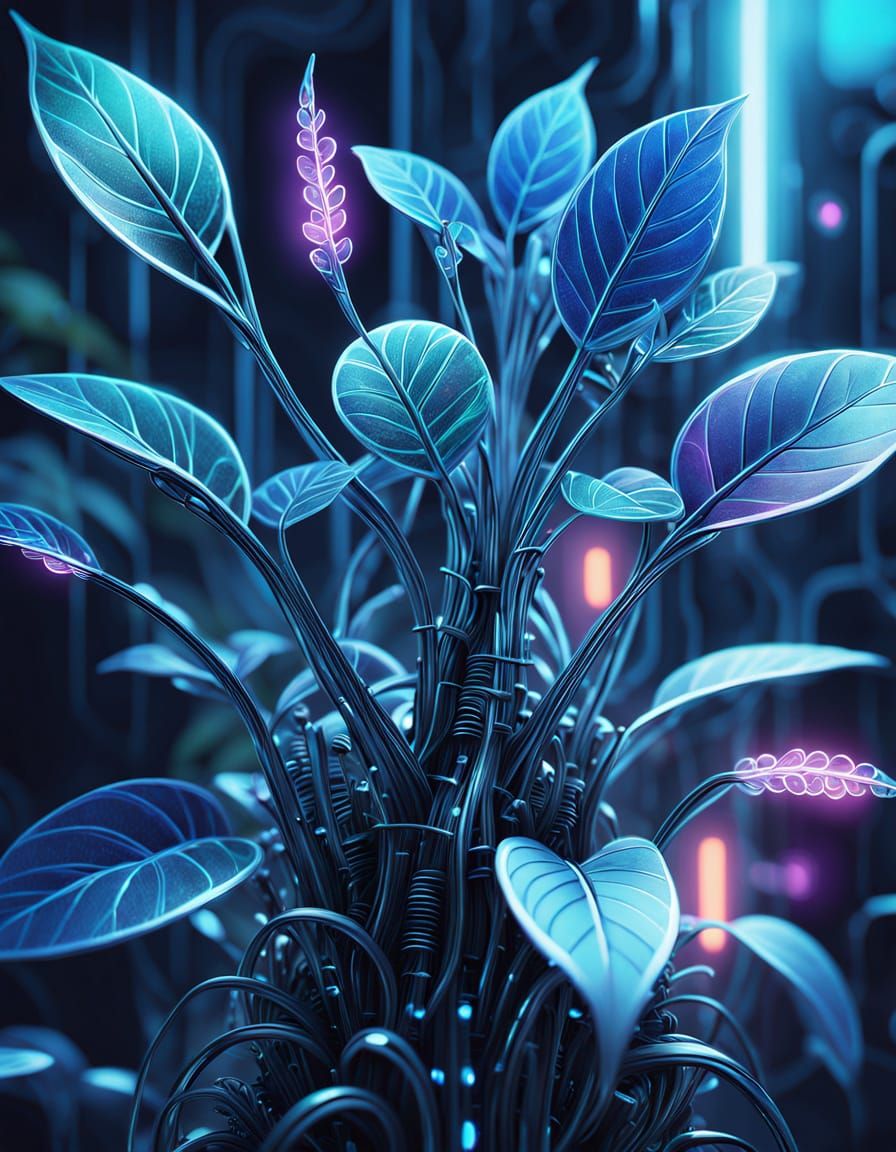 Cybernetic Plant Concept Art with Neon Circuits