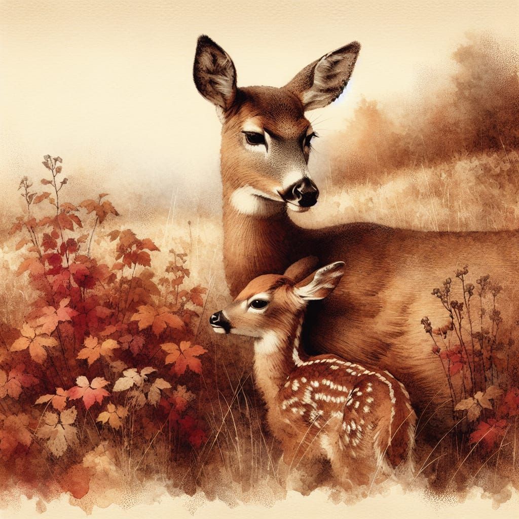Doe and Fawn in Autumn Watercolor Painting