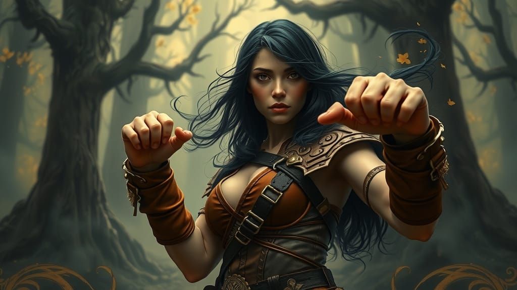 Fierce Barbarian Woman in Misty Forest, Art Nouveau Style