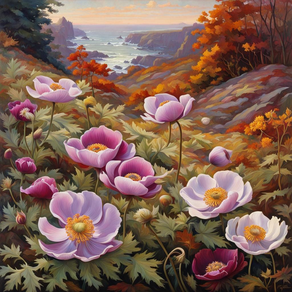 Autumn Anemones in Waterhouse Style