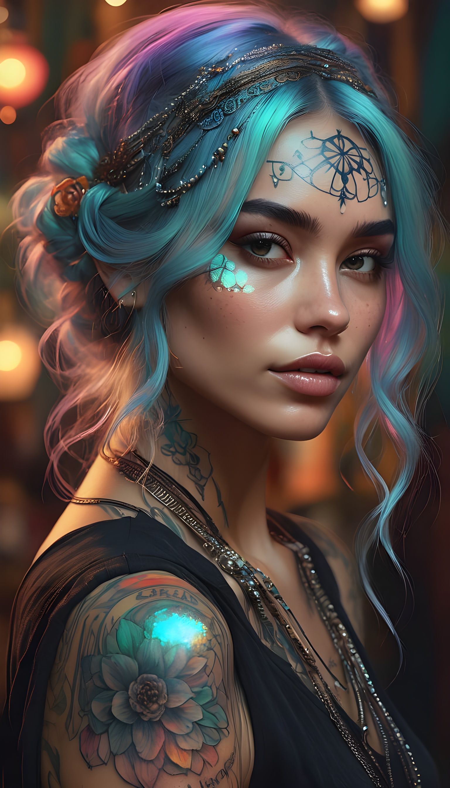Radiant Boho-Gothic Woman with Butterfly Tattoos