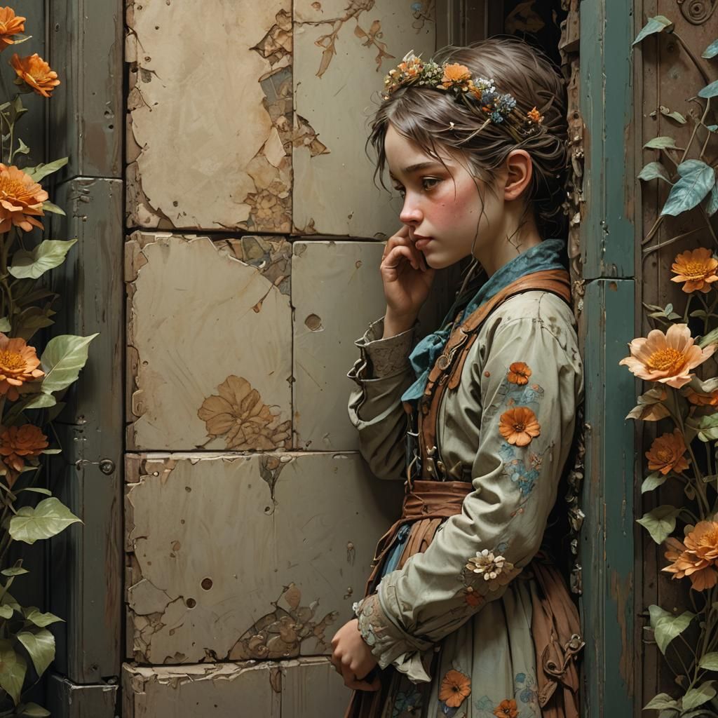 Detailed Portrait of Girl in Floral Art Nouveau Style