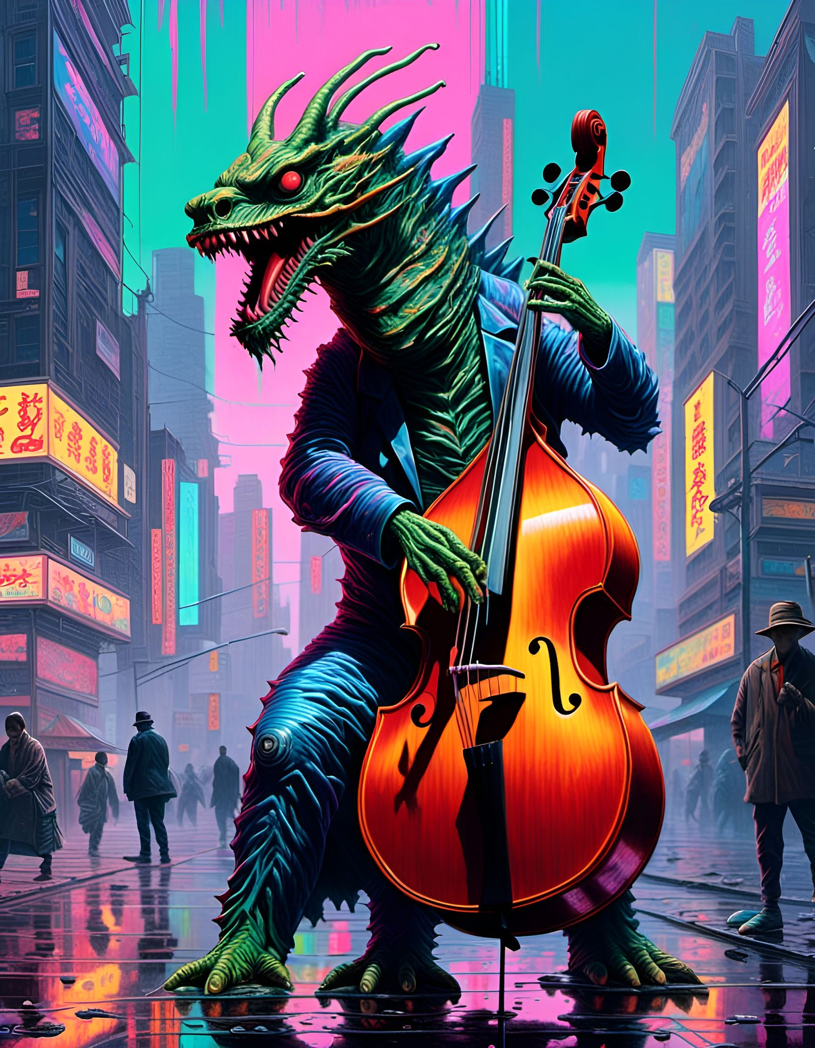 Kaiju Plays Bass in Ukiyo-e Horror Style