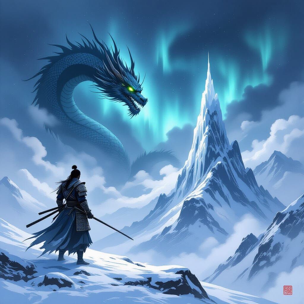 Samurai Warrior Gazes at Dragon on Snowy Peak