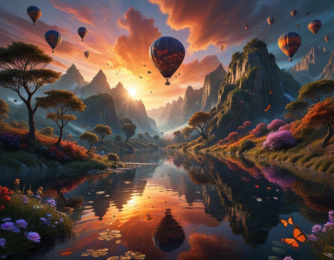 Hot Air Balloons Over Fractal Landscape at Sunset
