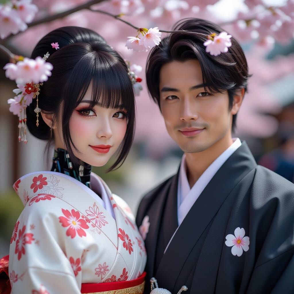 Japanese Android and Man in Kimonos with Cherry Blossom
