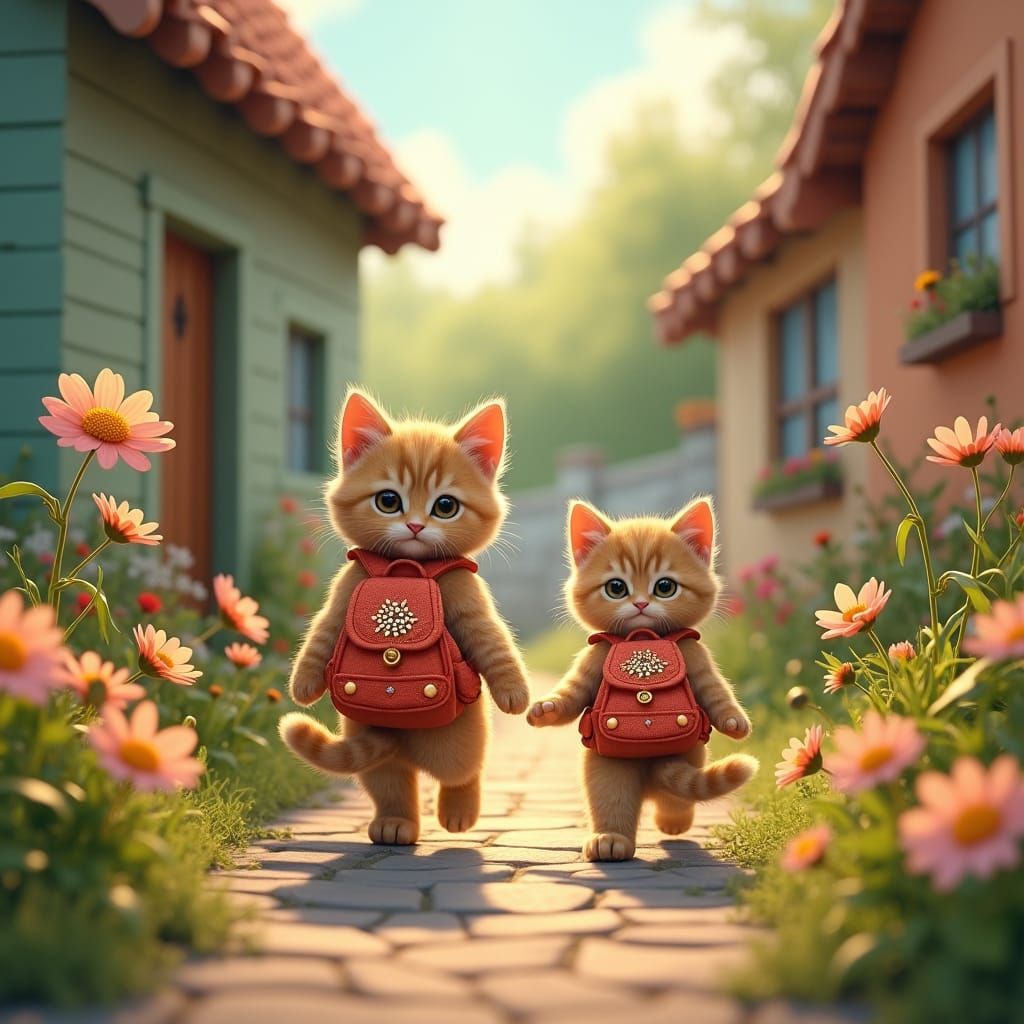 Kittens Walking to School in a Fantasy Illustration