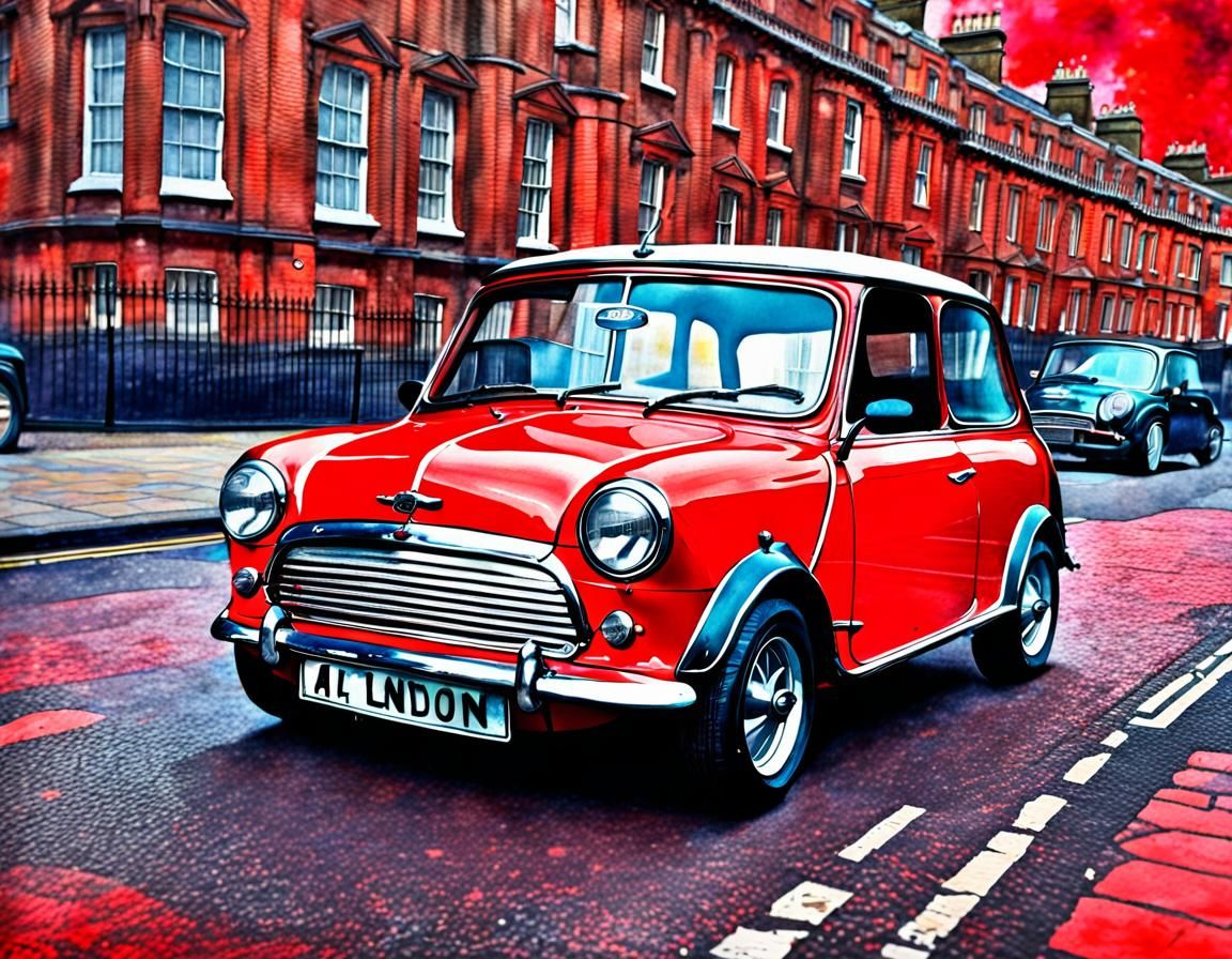 Red 1965 Mini in London: Watercolor and Ink
