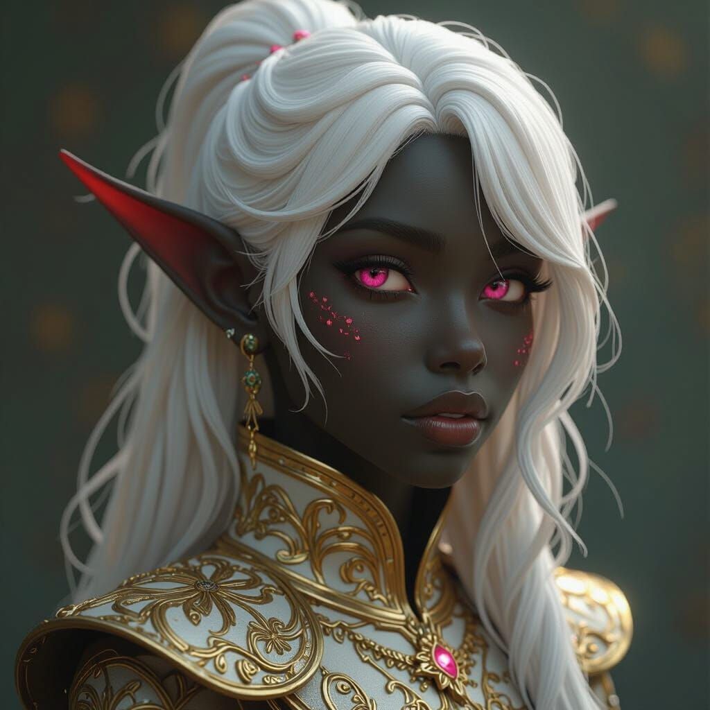 Black Elf Portrait with White Hair and Pink Eyes