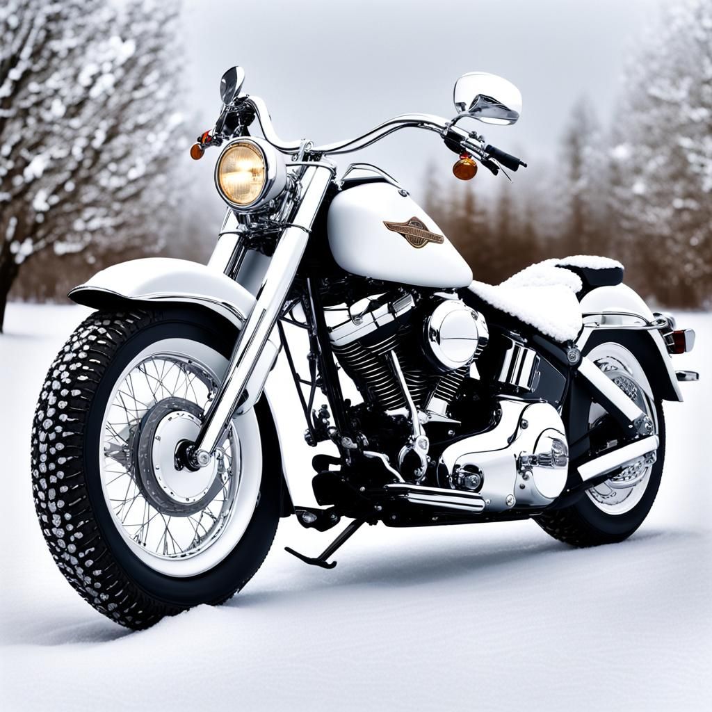 White Harley-Davidson Softail in Snowy Landscape