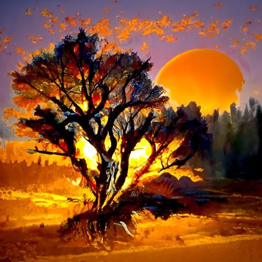 Autumn Tree Sunset Oil Painting