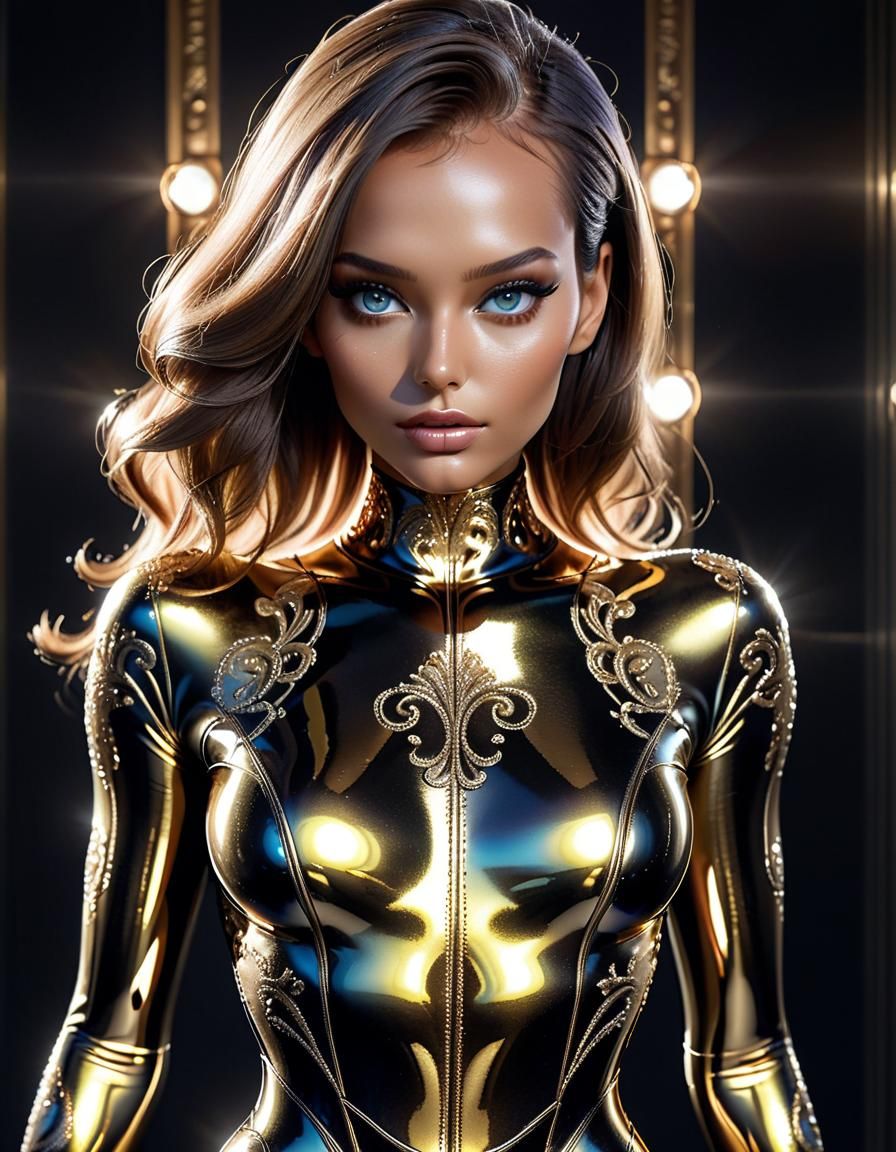 Shiny Bodysuit Babe: Hyperdetailed Digital Illustration