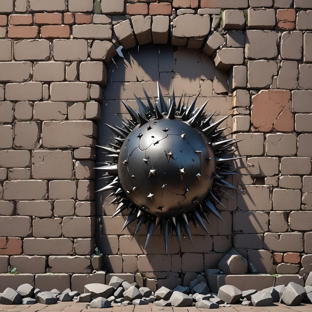 Spiked Iron Ball Destroys Wall in 3D Anime Art