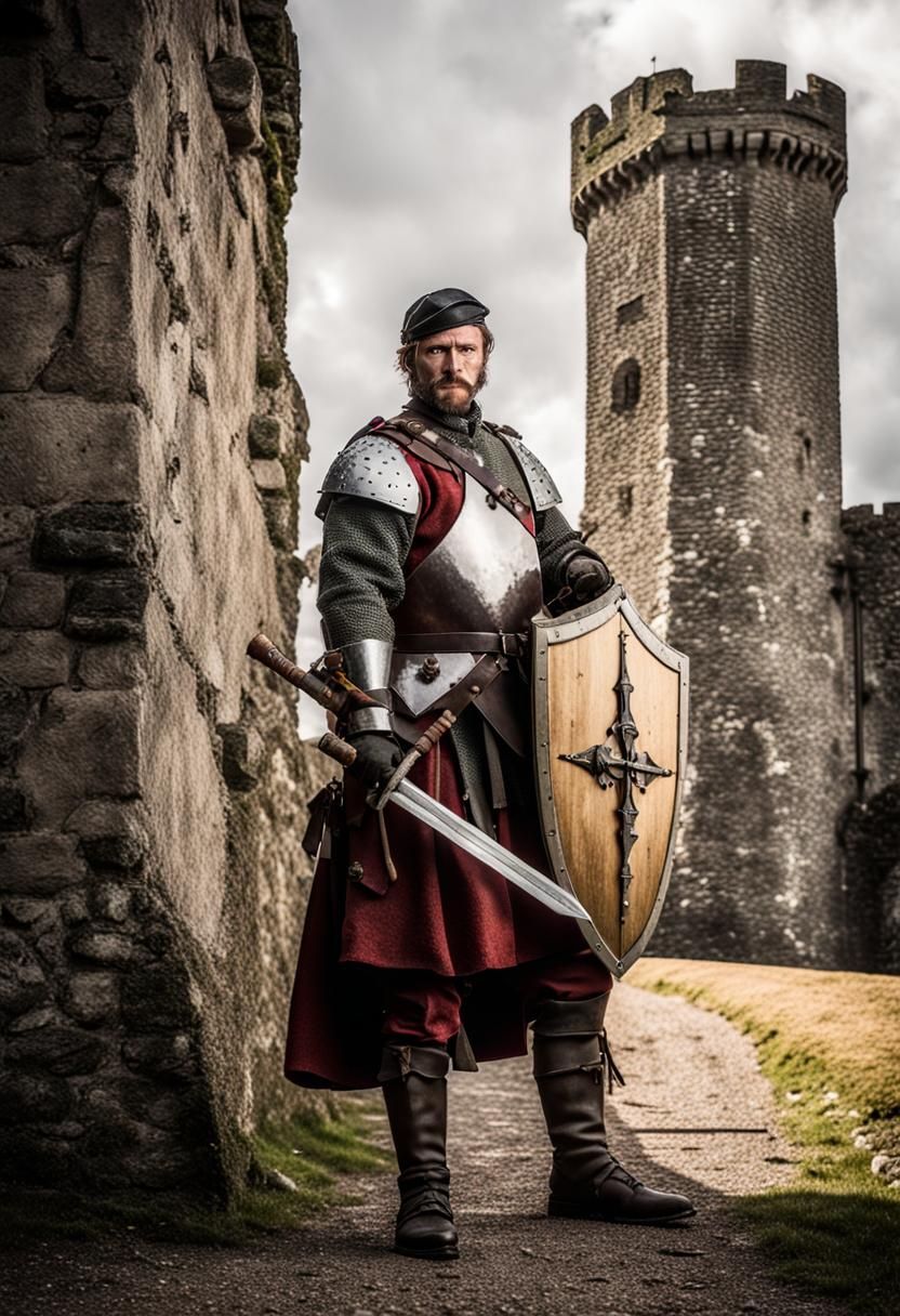 Adventurer Portrait with Sword and Shield, Cinematic Style