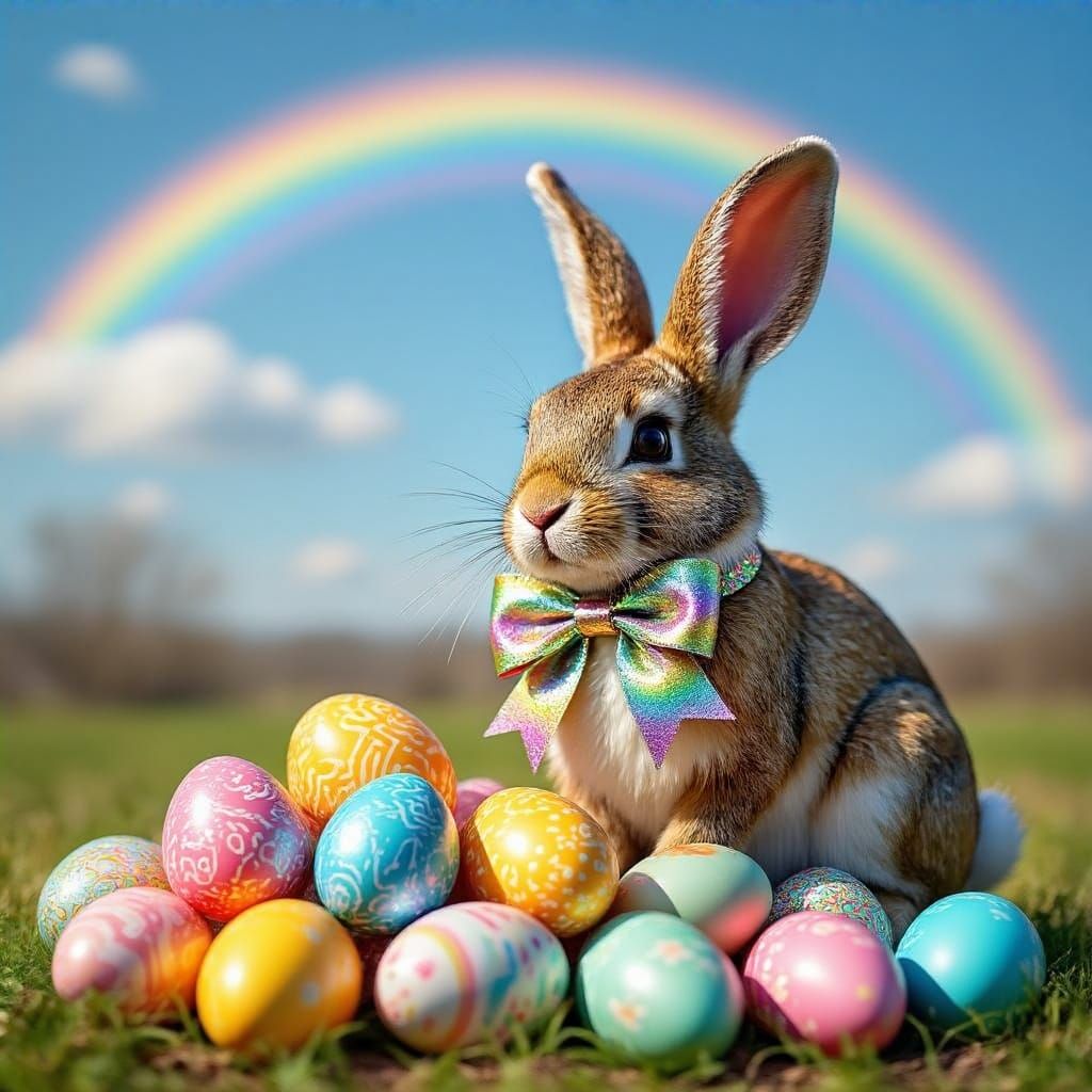 Vibrant Easter Bunny Surrounded by Colorful Eggs in a Sunny ...