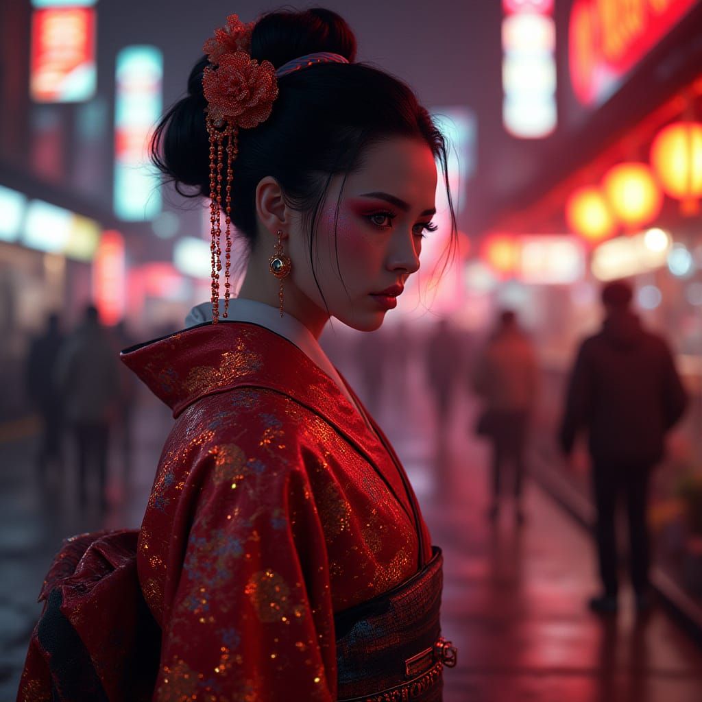 Cyberpunk Geisha in Neon Red Light District