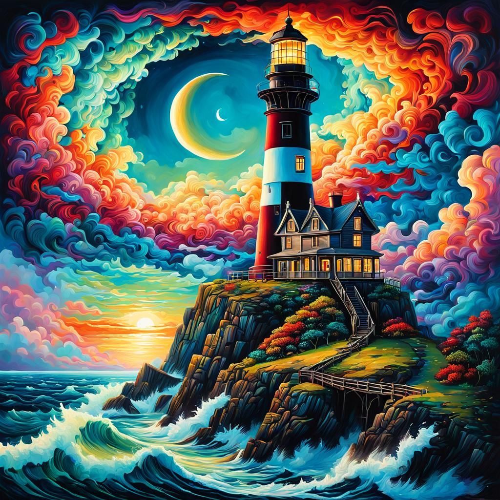 Ethereal Lighthouse Amidst a Hypermaximalist Landscape