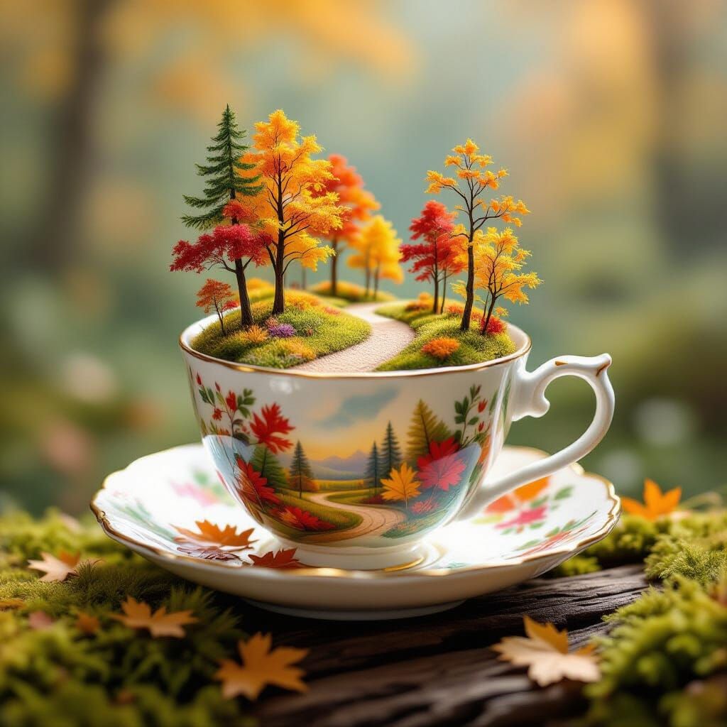 Teacup Forest: Autumn Magic in Watercolor Style