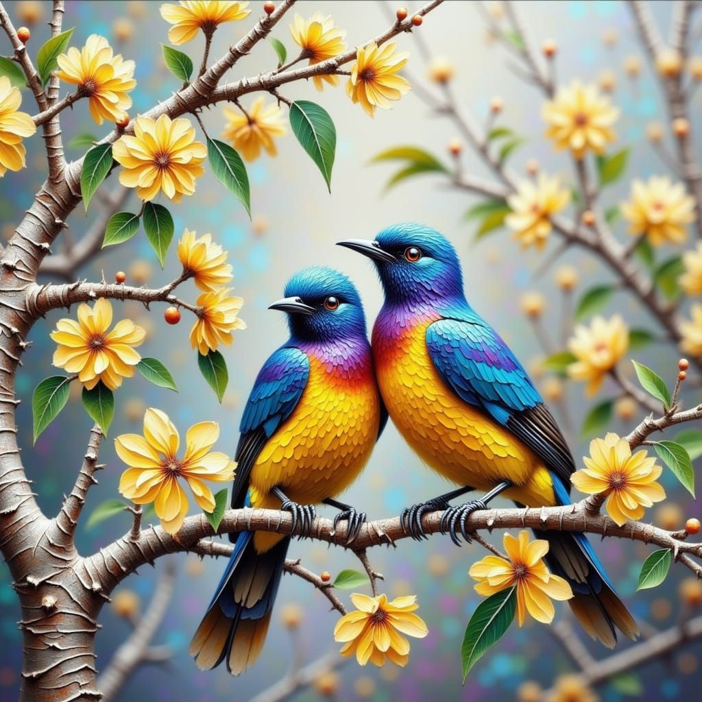 Golden-breasted Starlings on Acacia Branch in Impasto Style